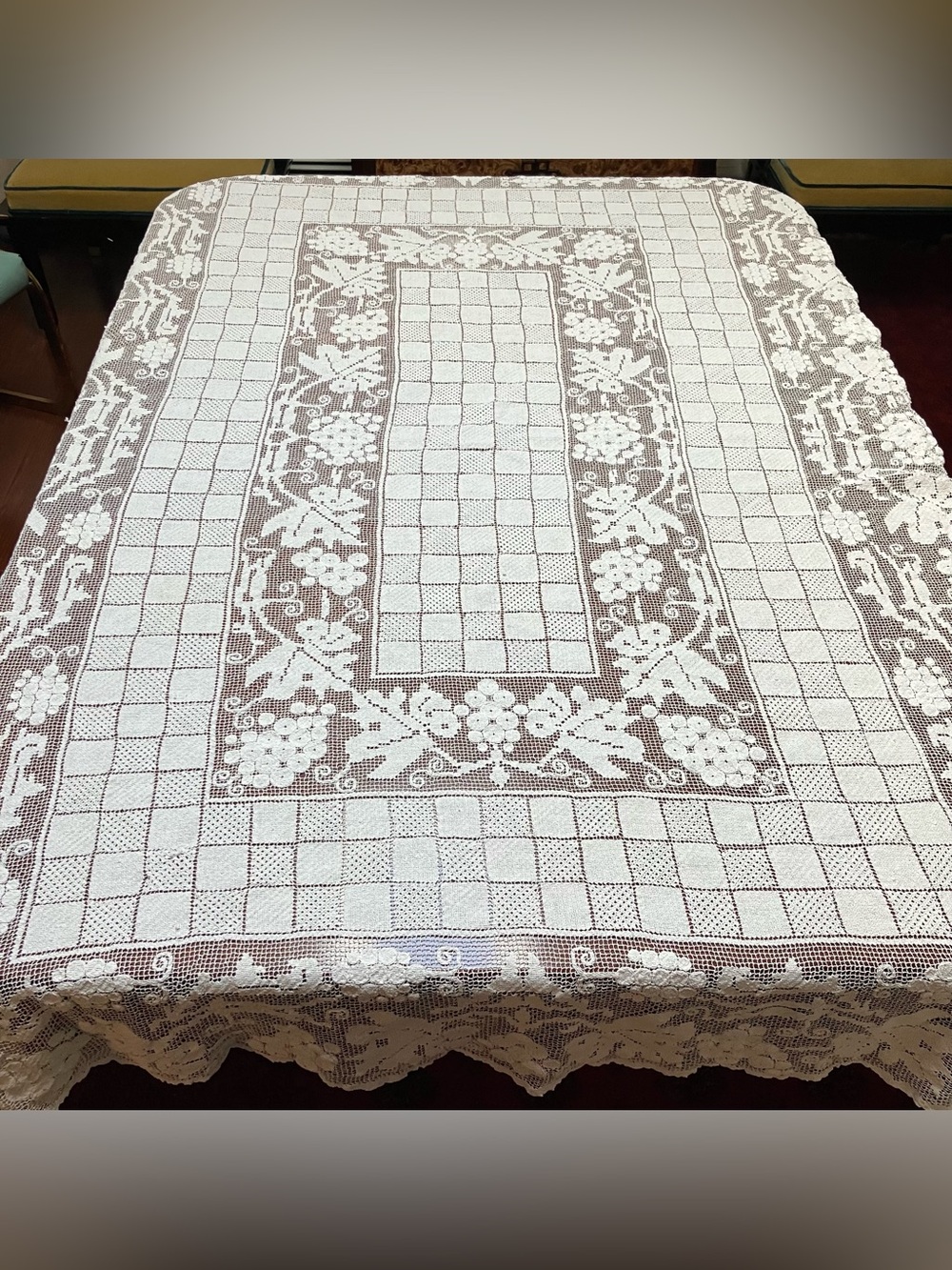 VTG Lace White TableCloth Floral Grapes Checkered Maximalist Grannycore 50x76
